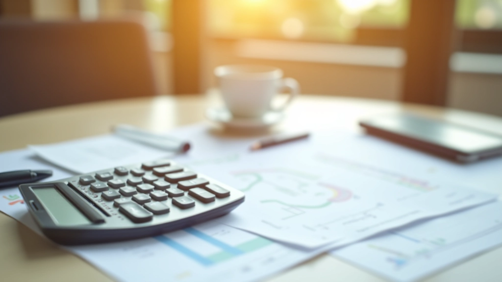 Calculatrice et documents financiers sur bureau avec café chaud, vue d'ensemble bien organisée