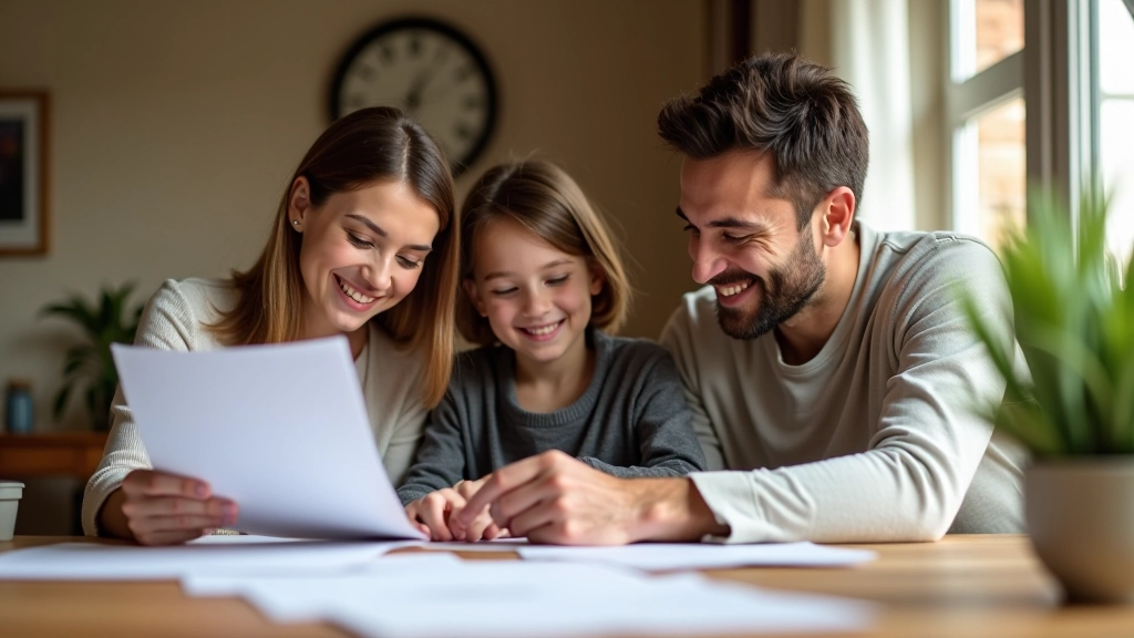 Famille regardant des documents de planification financière autour d'une table, portrait chaleureux en intérieur