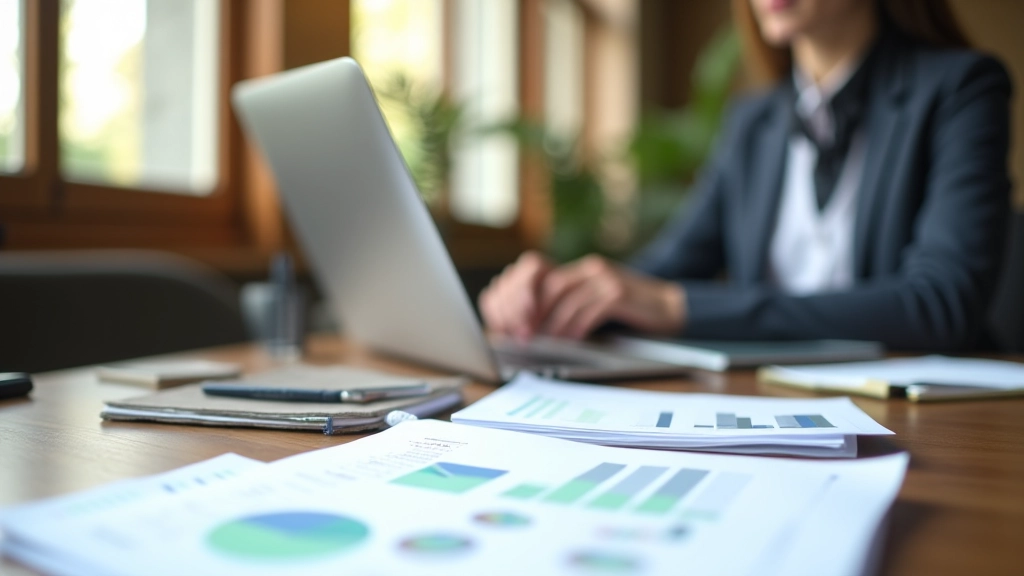 Espace de travail professionnel dédié à la planification financière avec ordinateur portable et documents financiers