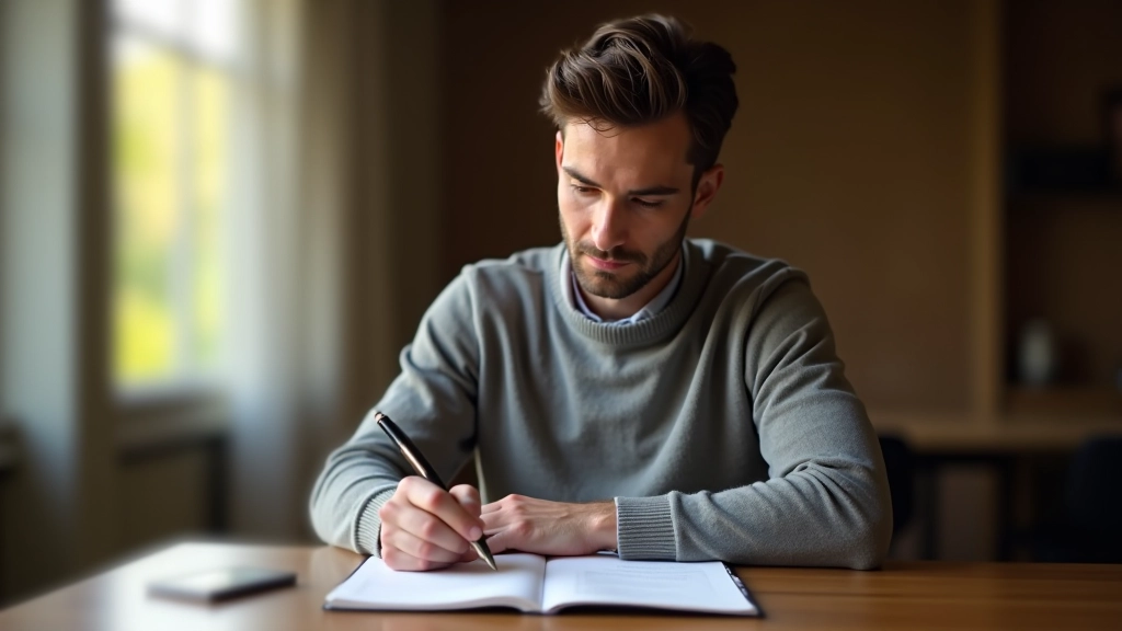 Personne écrivant ses objectifs financiers dans un carnet avec stylo, lumière naturelle douce