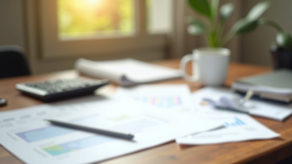 Bureau avec documents financiers, calculatrice et café, papiers d'investissement disposés sur un bureau en bois